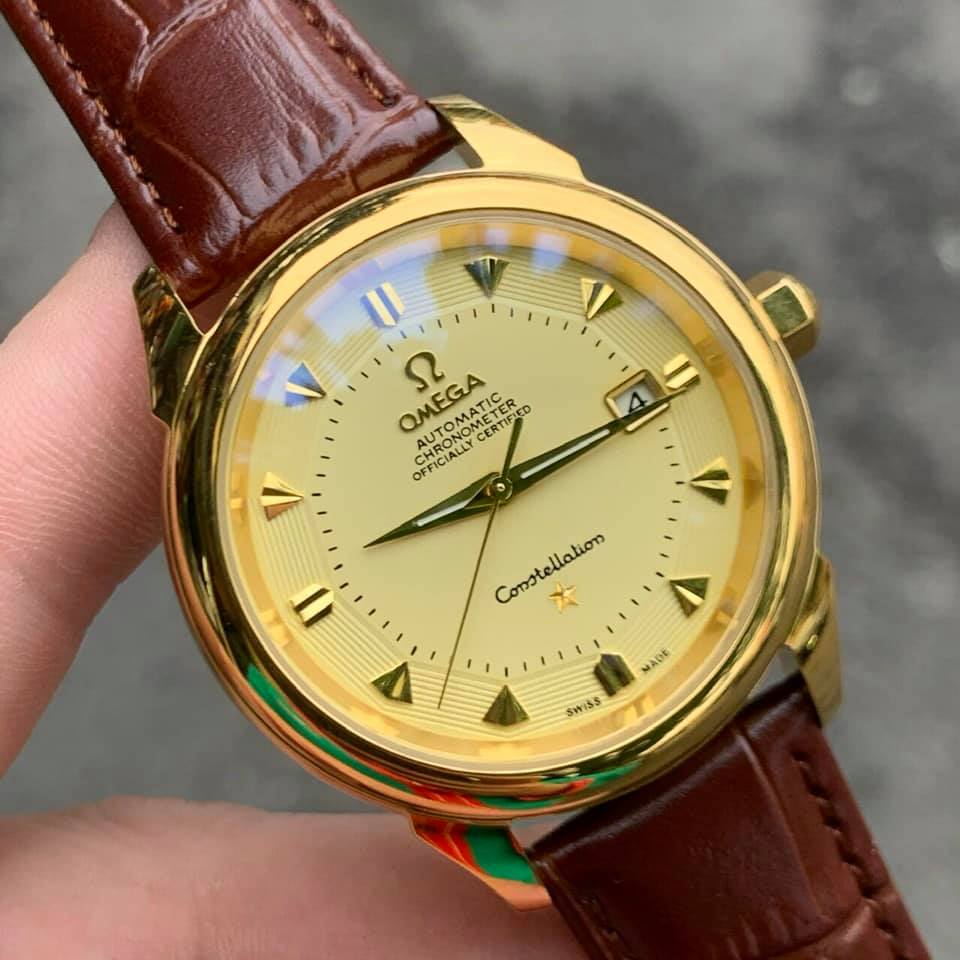 Đồng hồ Nam Omega máy cơ automatic bát qoái hở máy dây da 38-39mm