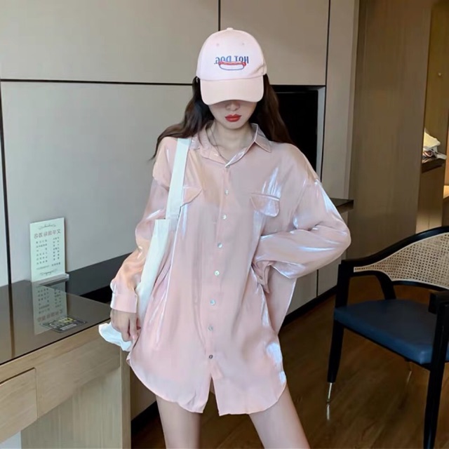 (Ảnh thật) Áo sơ mi satin nhũ phản quang chất lụa mềm form rộng hot trend Hàn Quốc 2 túi đắp ulzzang