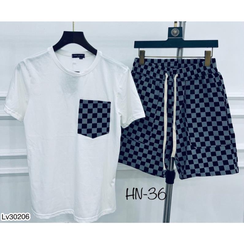 [Sẵn Hàng] Bộ Quần Áo Nam LV Thêu Hoạ Tiết Vải Cotton Mát Mịn - Bộ LV Nam Phối Quần Kẻ Caro