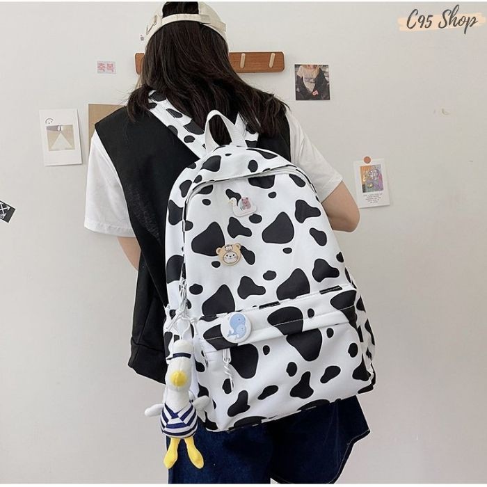 [ Tặng móc khóa gấu TEDDY nâu ] Balo nữ thời trang họa tiết bò sữa nhiều màu sắc phong cách Hàn Quốc, B004
