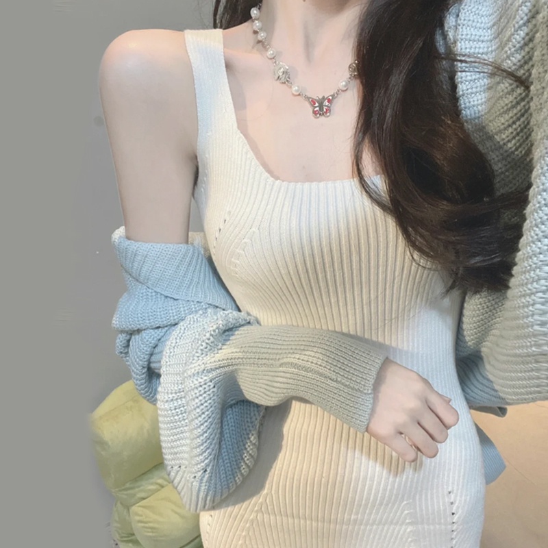 Jane Đầm hai dây bản to midi dệt kim màu trắng tinh khiết - áo khoác len croptop màu xanh Blue tiểu thư
