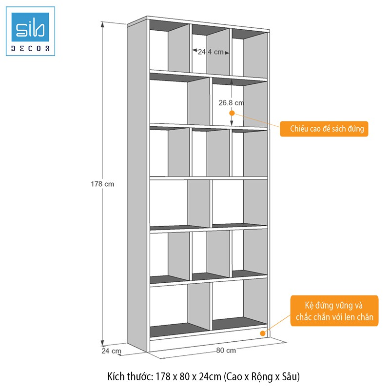 [MÃ LIFEMC1510B giảm 80K ]Kệ Sách Để Sàn Gỗ Chống Ẩm Cao Cấp SIB Decor (178 x 80 x 24cm)