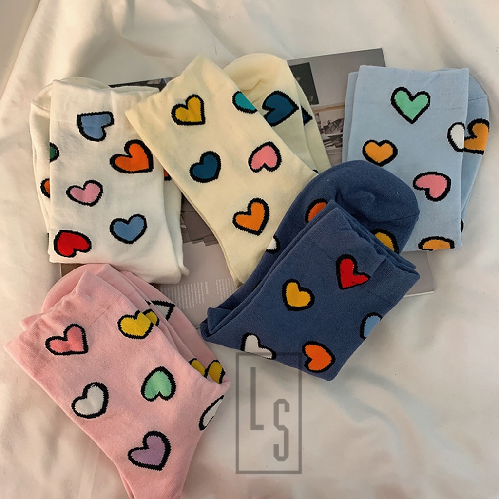 Vớ Cao Cổ Xuất Hàn Họa Tiết Tim Nhiều Màu - Tất Cao Cổ Họa Tiết Trái Tim