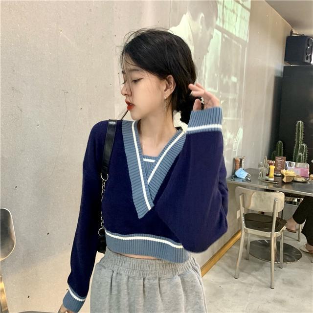 Áo sweater dệt kim cổ V dáng rộng phối màu kiểu Hàn Quốc xinh xắn cho nữ