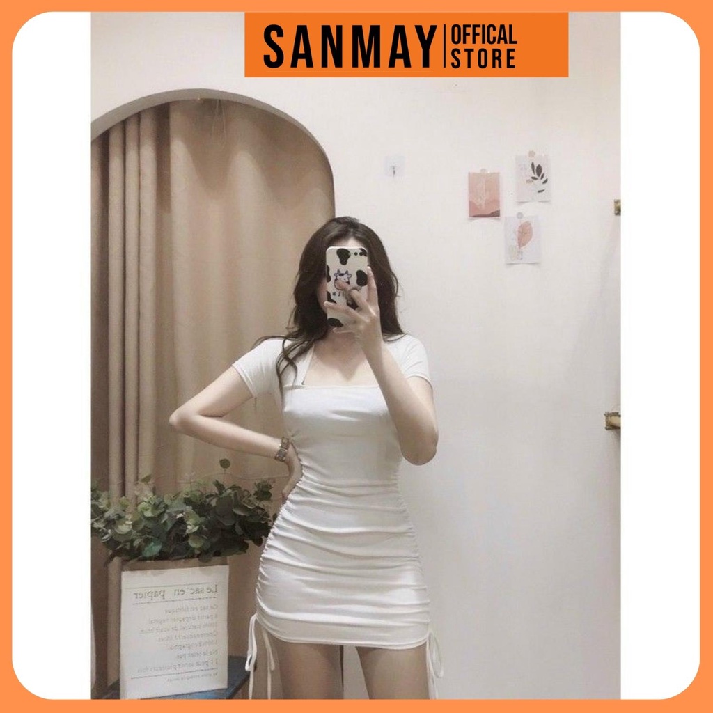 Váy Body Nhún SANJOLI Đầm Ôm Sexy Nữ Cổ Vuông Rút Dây 2 Bên, Dáng Bó Eo Thun Tay Ngắn Thiết Kế Dự Tiệc Trắng Đen VD048 | BigBuy360 - bigbuy360.vn