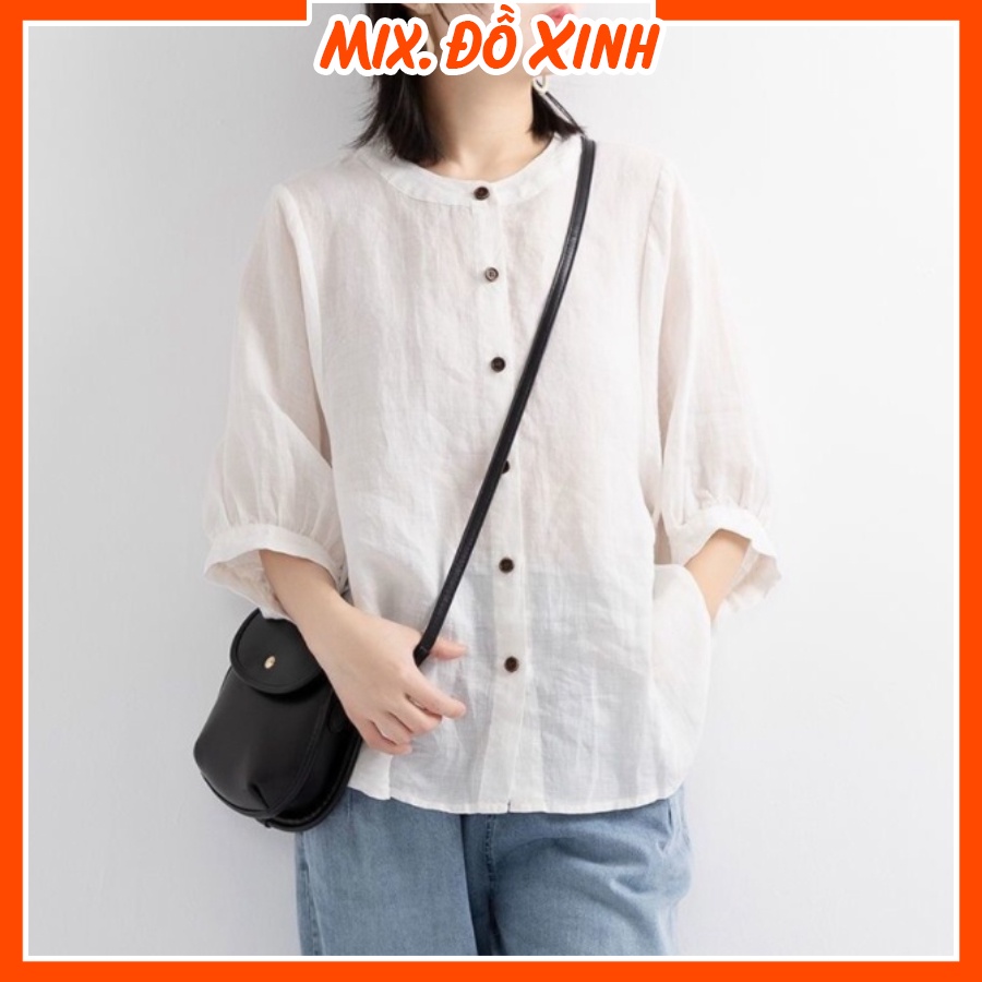 Áo sơ mi đũi nữ cổ tàu bigsize Thu Hà chất liệu đũi tơ mềm mát, form rộng che khuyết điểm SMH.34
