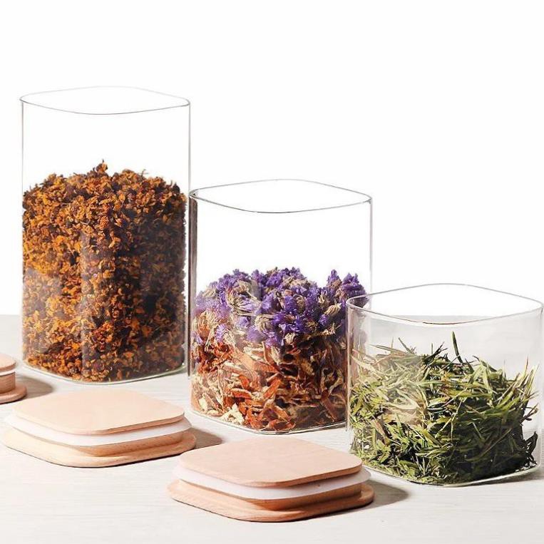 Hũ Lọ Thủy Tinh Vuông Nắp Gỗ Tre [free ship] Kín Hơi Đựng Thực Phẩm, Gia Vị Tiện Dụng | BigBuy360 - bigbuy360.vn