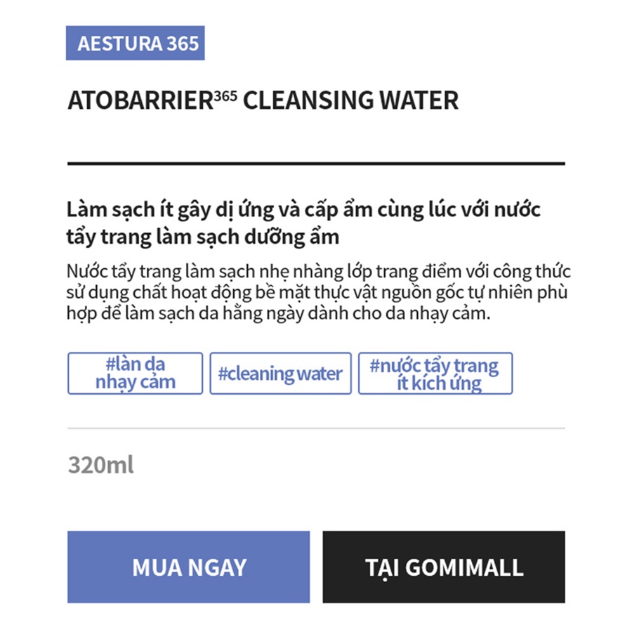 Nước Tẩy Trang Dịu Nhẹ Aestura Atobarrier365 Cleansing Water 320ml GomiMall