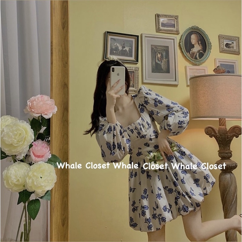 -Đầm váy hoa xanh cổ vuông tay bồng dáng bí siêu vintage nàng thơ | BigBuy360 - bigbuy360.vn