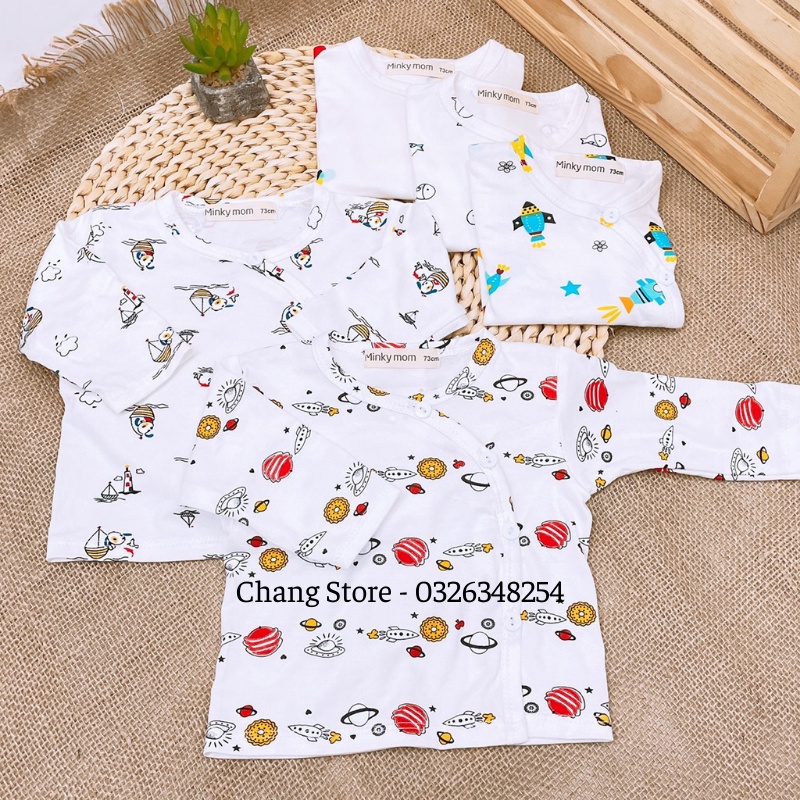 Áo Tay Dài/ Tay Ngắn Màu Trắng Vải Thun Lạnh Cao Cấp Minky Mom In Hình Động Vật Cho Bé Từ 3-6kg