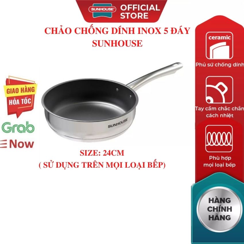 Chảo Chống Dính Bếp Từ Inox 5 đáy Cao Cấp  SUNHOUSE IN20M2-IN26M2-20 kích thước 20 24 26 cm dùng được trên mọi loại bếp)