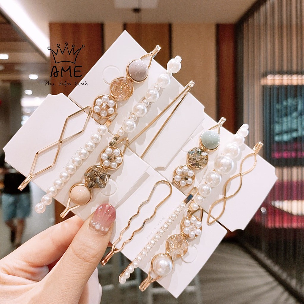 Bộ kẹp tóc đính đá cặp tóc ngọc kim loại Hàn Quốc Ame Beauty