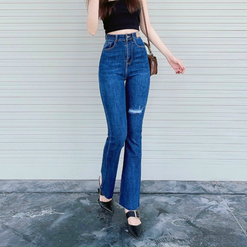 Quần Jean Ống Loe Nữ  Màu  Xanh Lưng Cao Shop Maika-Jeans (Freeship)