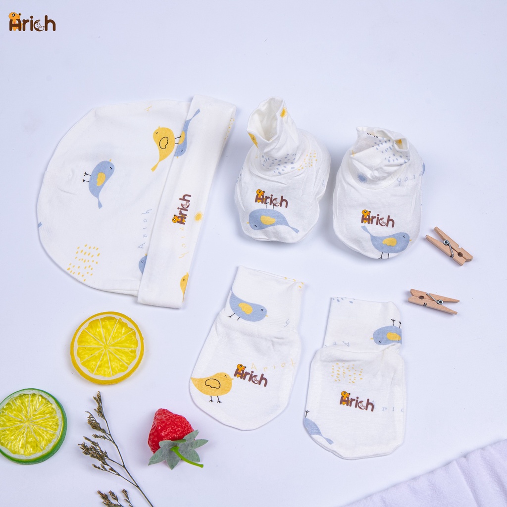 Set mũ bao tay bao chân họa tiết cho bé 0-9M vải sợi tre Arich