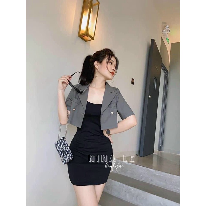 Set váy kèm áo khoác, set đầm đen ôm body hai dây kèm áo khoác croptop tôn dáng sang chảnh - mtb