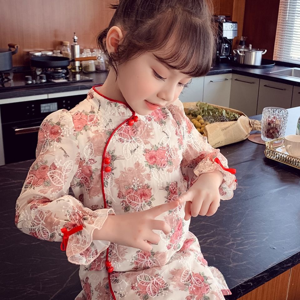 Đầm Sườn Xám Tay Dài Phong Cách Trung Hoa Xinh Xắn Cho Bé Gái One