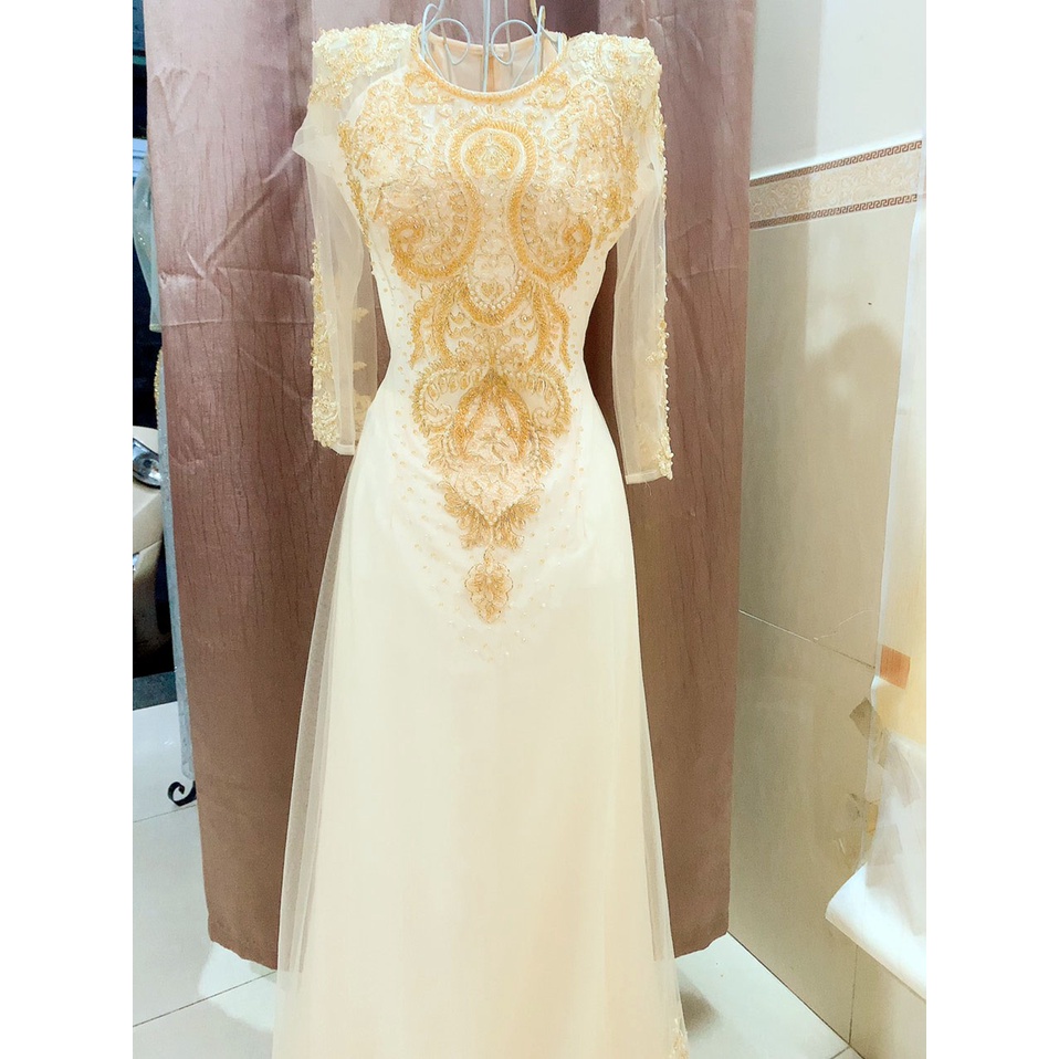 ÁO DÀI DỰ TIỆC 6 TÀ MÀU KEM DA - ẢNH THẬT