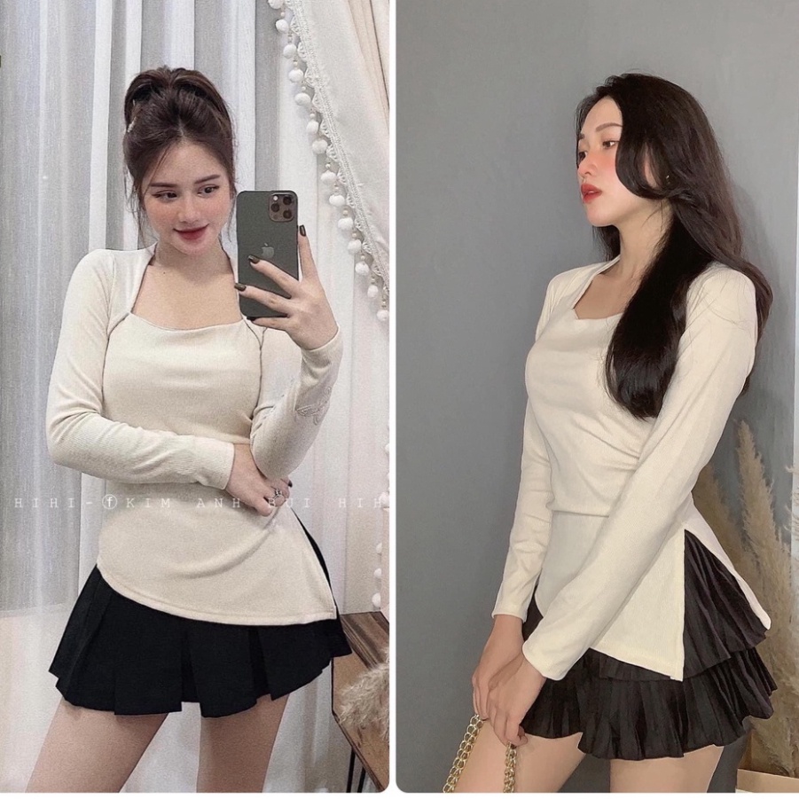 Áo Len Tăm Cổ Vuông Tà Xéo Thêu Tay, Áo Len Nữ Dài Tay Thu Đông Đẹp Nhất