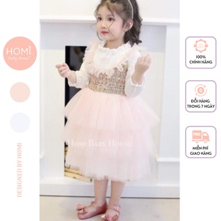 Đầm công chúa HOMI BABY HOUSE váy bé gái công chúa Sweet 3 tầng tay dài trắng/hồng
