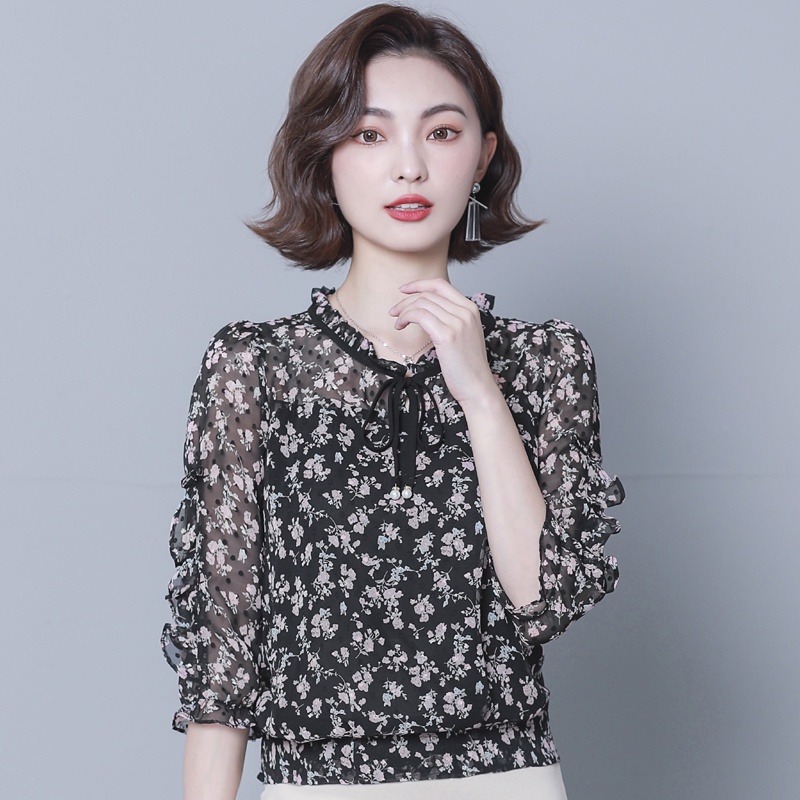 Áo Sơ Mi Chiffon Ba Cánh Tay Áo Ba Cánh Tay Áo In Hoa Phong Cách Phương Tây Thời Trang Mùa Thu K4444