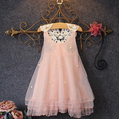 ❤XZQ-Baby Girls Princess Party Dress Pearl Lace Flower Casual Dress Sundress 2-8Y