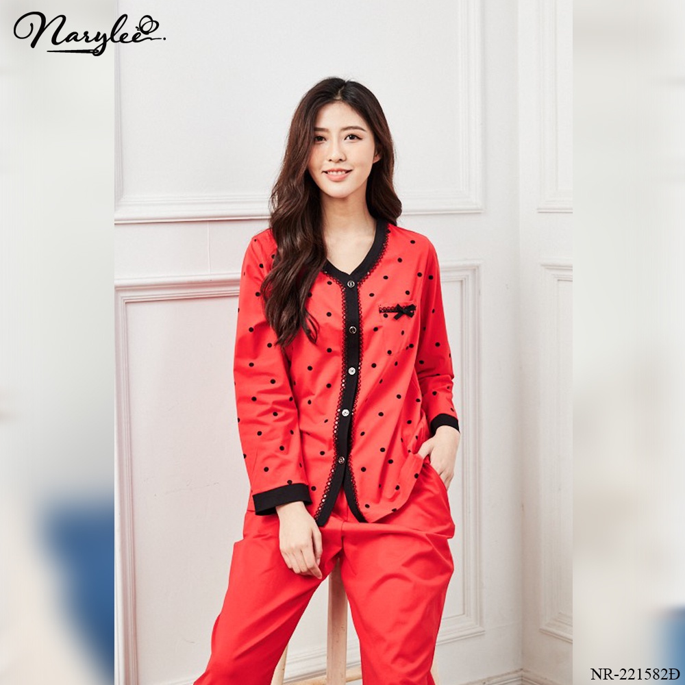 [CHÍNH HÃNG] Đồ bộ mặc nhà nữ dài tay pyjama cổ V họa tiết chấm bi thương hiệu NARYLEE mã NR1582