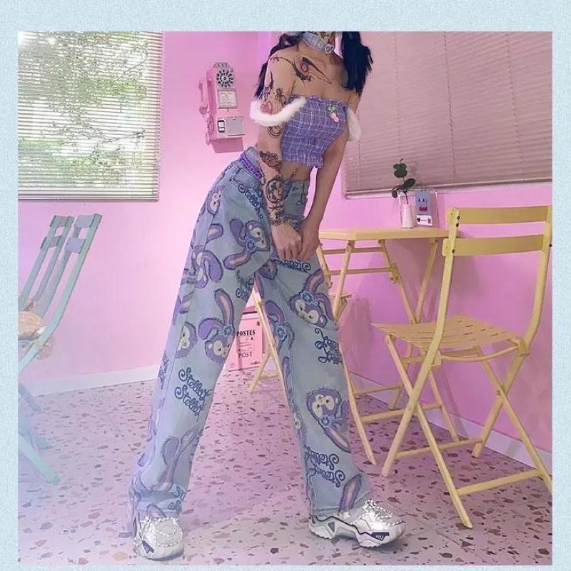 Quần Jean Ống Rộng Lưng Cao Hoạ Tiết Hoạt Hình Siêu Chất