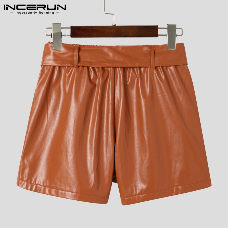 Quần short INCERUN bằng da ống rộng màu trơn eo co giãn buộc thắt lưng phong cách thường ngày cho nam