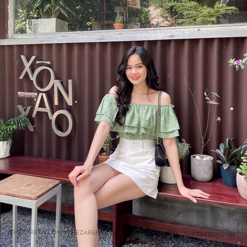 ÁO CROPTOP TRỄ VAI 2 TẦNG ZAREEN VOA78 XANH LÁ