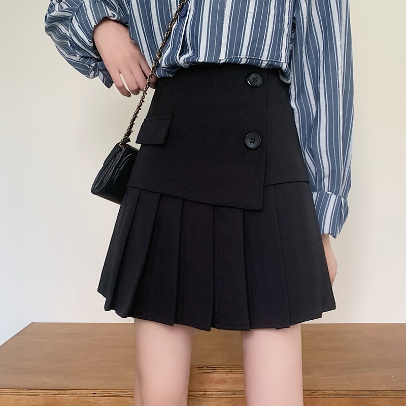 Đen Chân Váy Chữ A Lưng Cao Xếp Ly Lệch Tà Cá Tính Cho Nữ | BigBuy360 - bigbuy360.vn