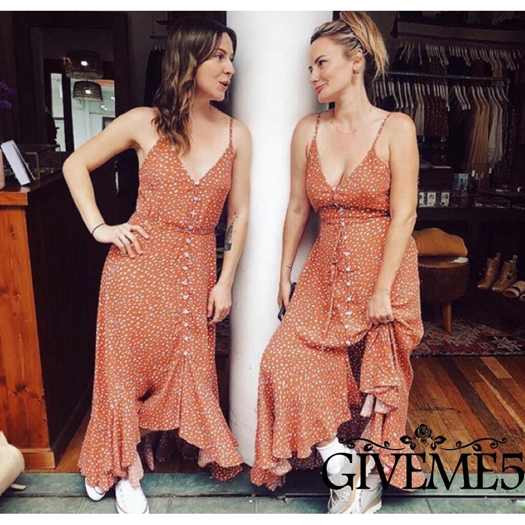 Đầm 2 dây dài dáng rộng họa tiết chấm bi xinh xắn  dành cho nữ