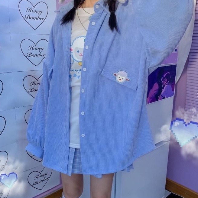Áo Sơ Mi Nhung Kẻ Thêu Hình Dễ Thương Dành Cho Nữ