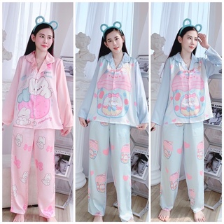 Đồ mặc nhà Lụa Hàn Cao Cấp - Thiết kế độc quyền hình gấu xanh dễ thương