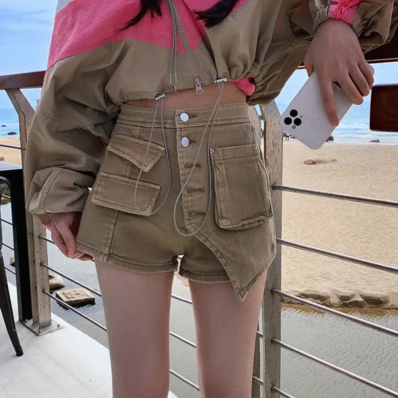 Jiashucheng Influencer Áo Ngắn Giả Váy Denim Eo Cao Dáng Ôm Sát Giả Hai Mảnh Bất Đối Xứng Phong Cách Jiashucheng W