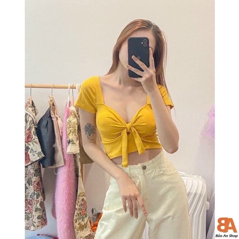 Áo thun crotop cột nơ ngực kèm mút ngực-Áo body crotop cột nơ trước ngực
