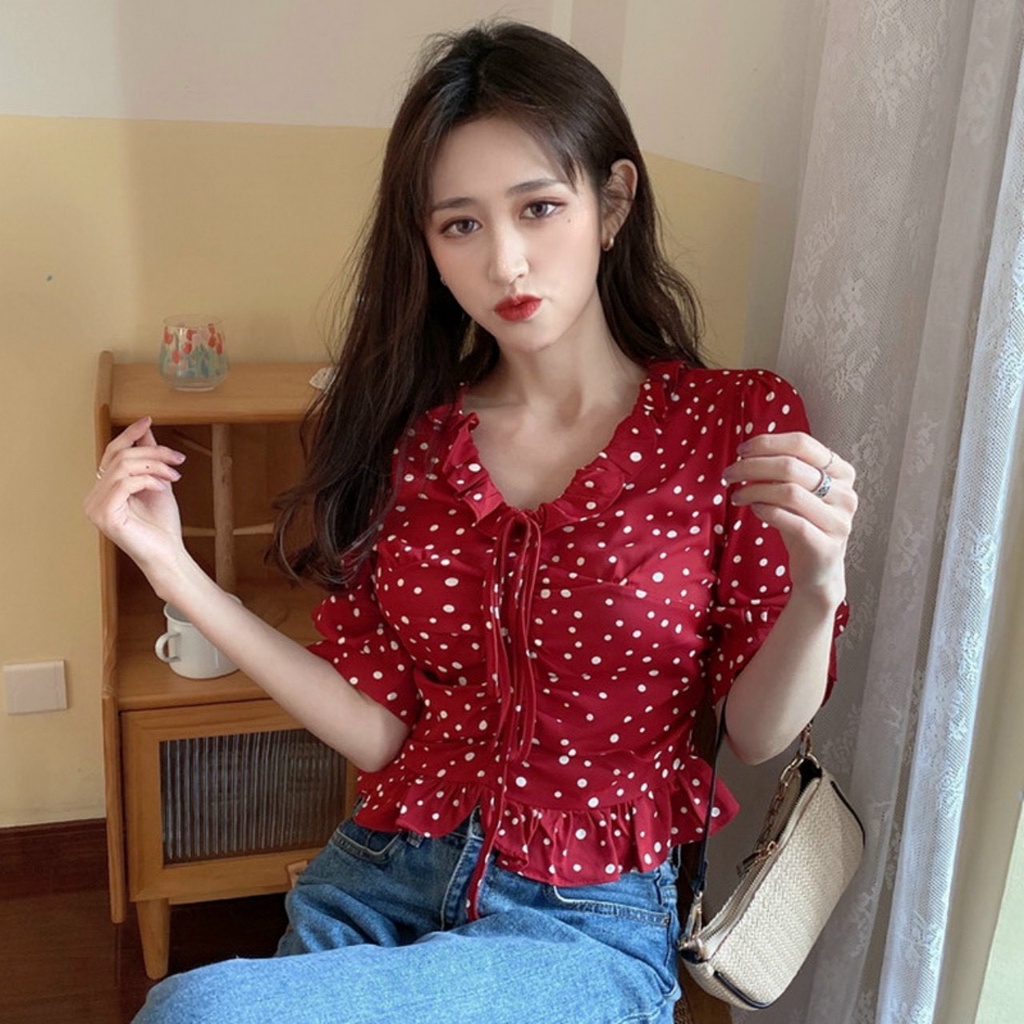 Áo sơ mi tay lỡ chấm bi màu đỏ hàng Quảng Châu chất đẹp