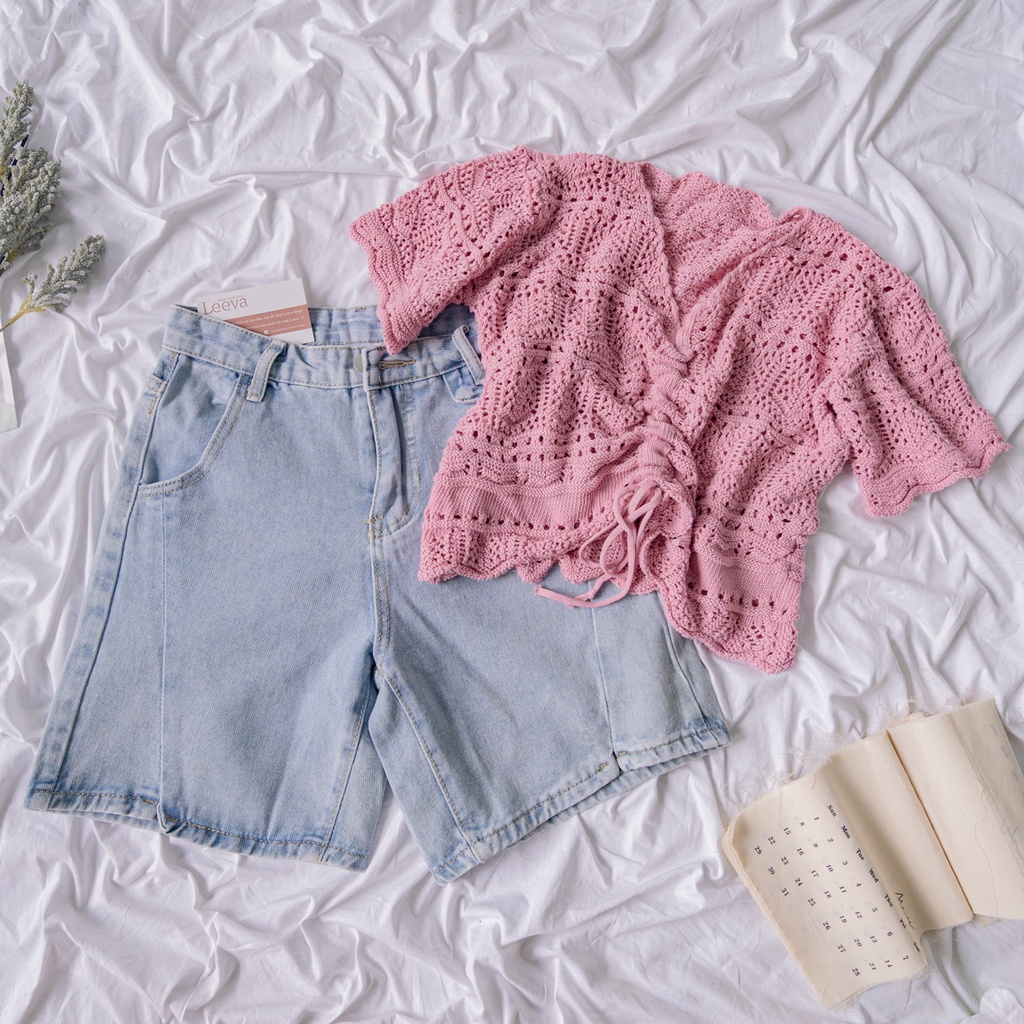 LEEVA - Áo croptop len dây rút ngắn tay mùa hè nhẹ nhàng A234