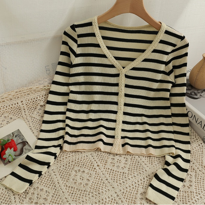 Áo cardigan SUXI dệt kim tay dài cổ chữ V hoạ tiết kẻ sọc phong cách cổ điển