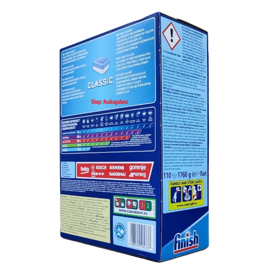 Combo rửa bát Finish chính hãng: Hộp Finish Classic 110 Viên, Muối Finish 4Kg, Bóng Finish 1150ml.