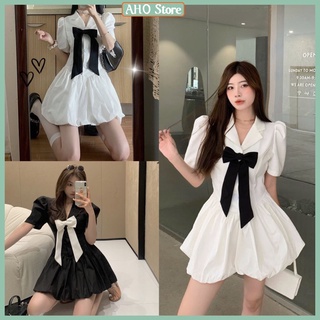 Đầm Nữ Cổ Vest Tay Phồng Nơ Cổ Dáng Xòe Váy Tiểu Thư Cộc Tay Chân Phồng Mix Nơ Freesize