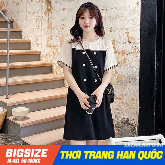 Đầm Bigsize Váy trung niên nữ dáng suông tay ngắn cổ tròn mùa hè Phong cách Hàn Quốc Thời Trang tiểu thư cá tính xinh đẹp cho người mập béo