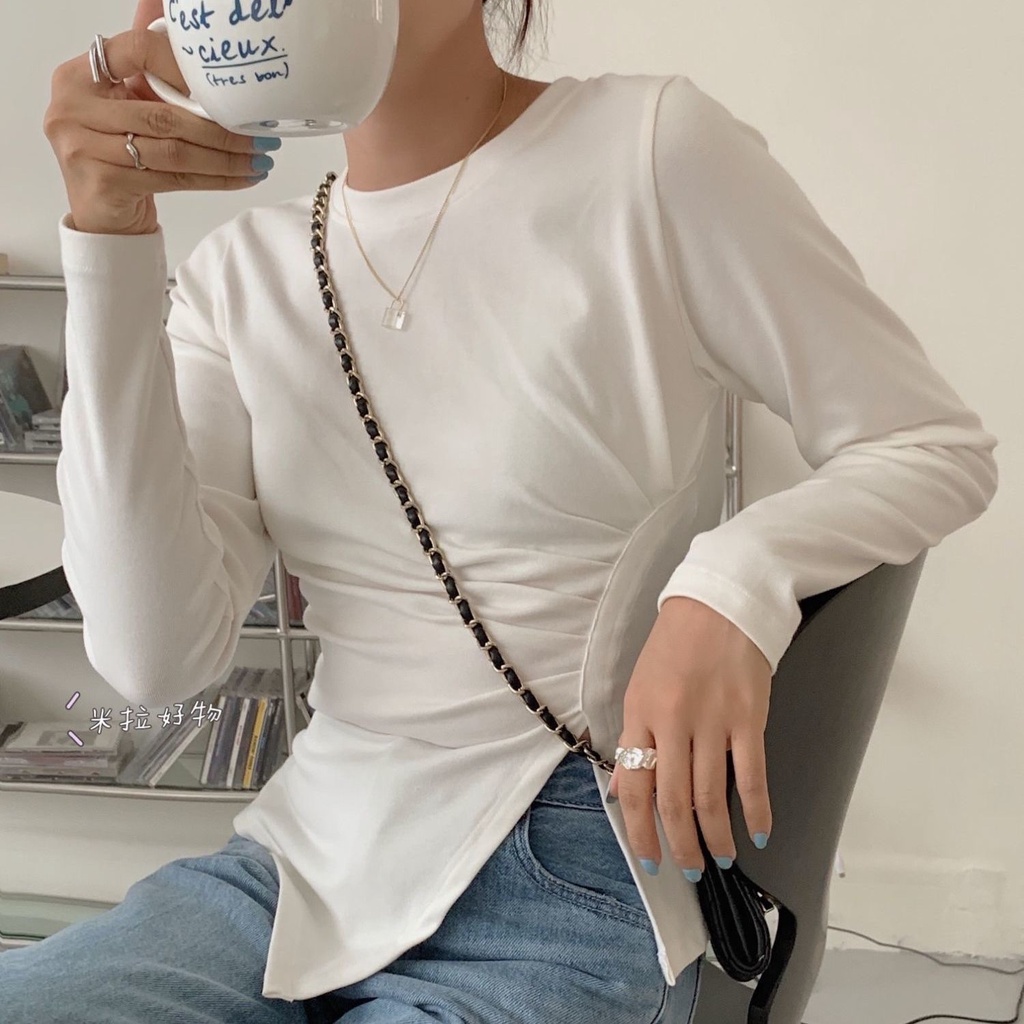 Áo Thun Nữ Dài Tay Basic Kiểu Nhún Eo Vạt Lệch Xẻ Tà Chất Cotton Mềm Co Dãn Tôn Dáng