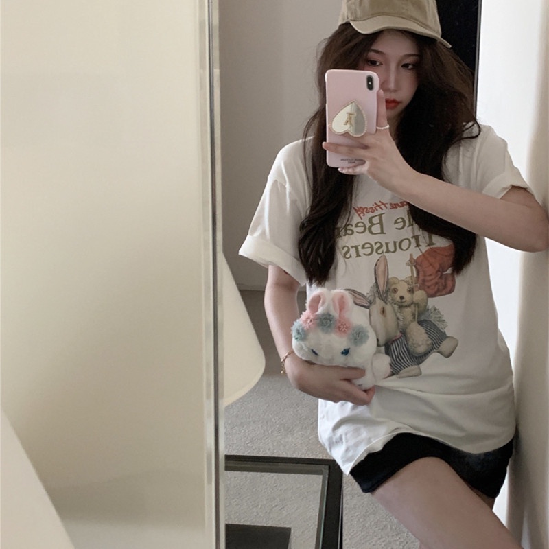 Áo Thun Tay Ngắn Cổ Tròn Dáng Rộng Vải Cotton In Hình Gấu Dễ Thương