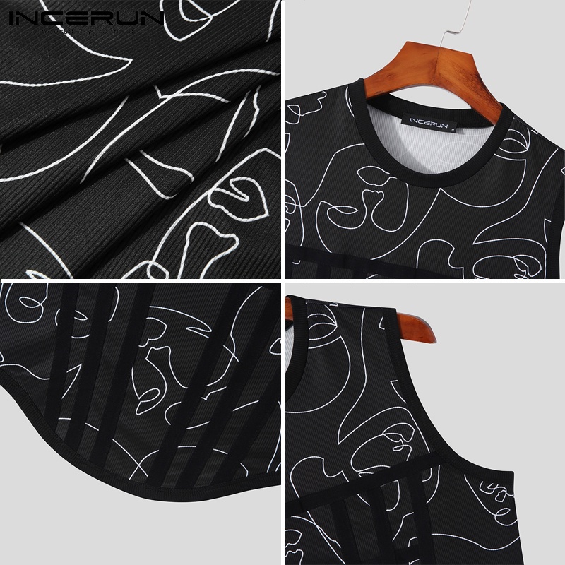 Áo croptop INCERUN sát nách cổ tròn ôm dáng in họa tiết thời trang mùa hè cho nam