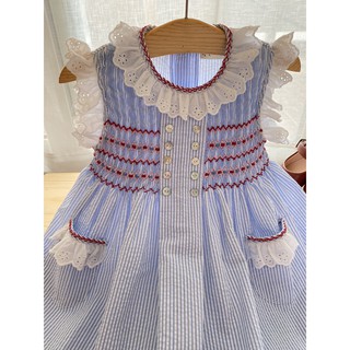 Đầm smock annie bé gái sọc xanh viền ren