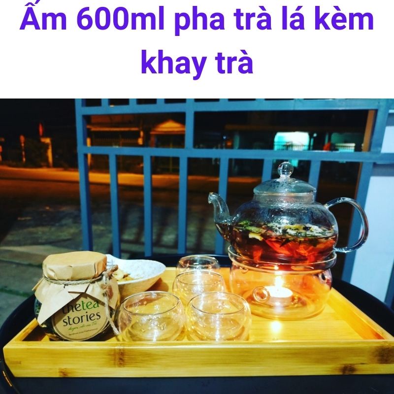 Bộ Ấm Trà Thủy Tinh Kèm Khay Bình Trà Tặng 6 Chén Uống Trà Hoa Cúc Trong Suốt Đế Đốt Nến Chịu Nhiệt