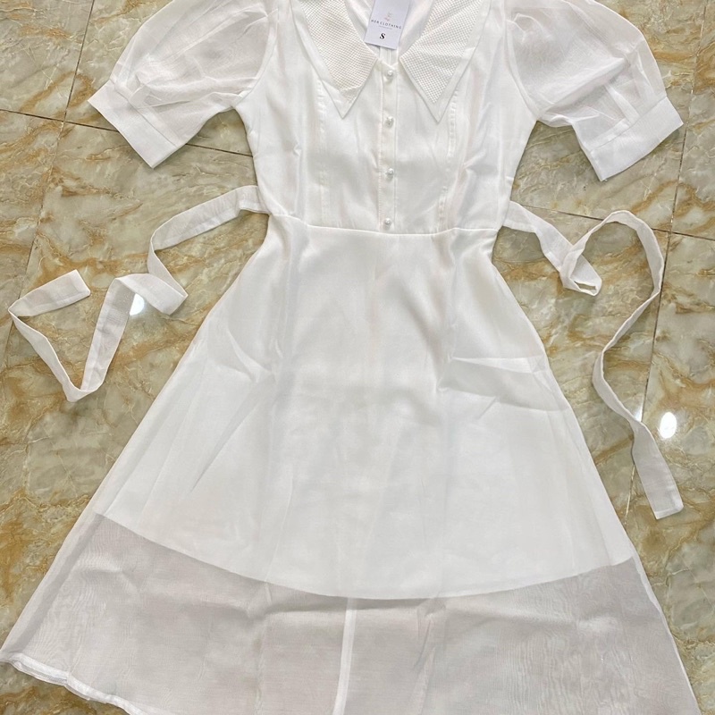 Đầm dự tiệc nữ trắng dễ thương dự tiệc dạo phố đều xinh vải may 2 lớp có nơ thắt eo | BigBuy360 - bigbuy360.vn