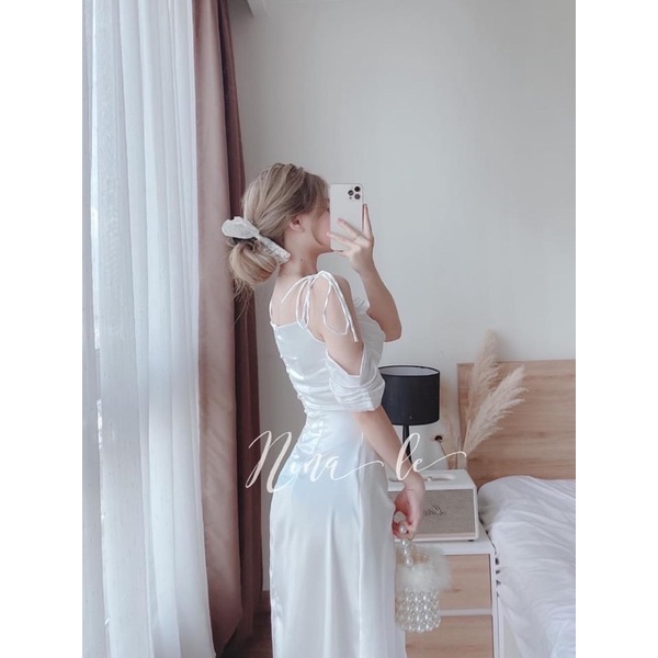 Váy lụa xếp ly ngực cổ đổ tay rớt vai mặc được 2 kiểu