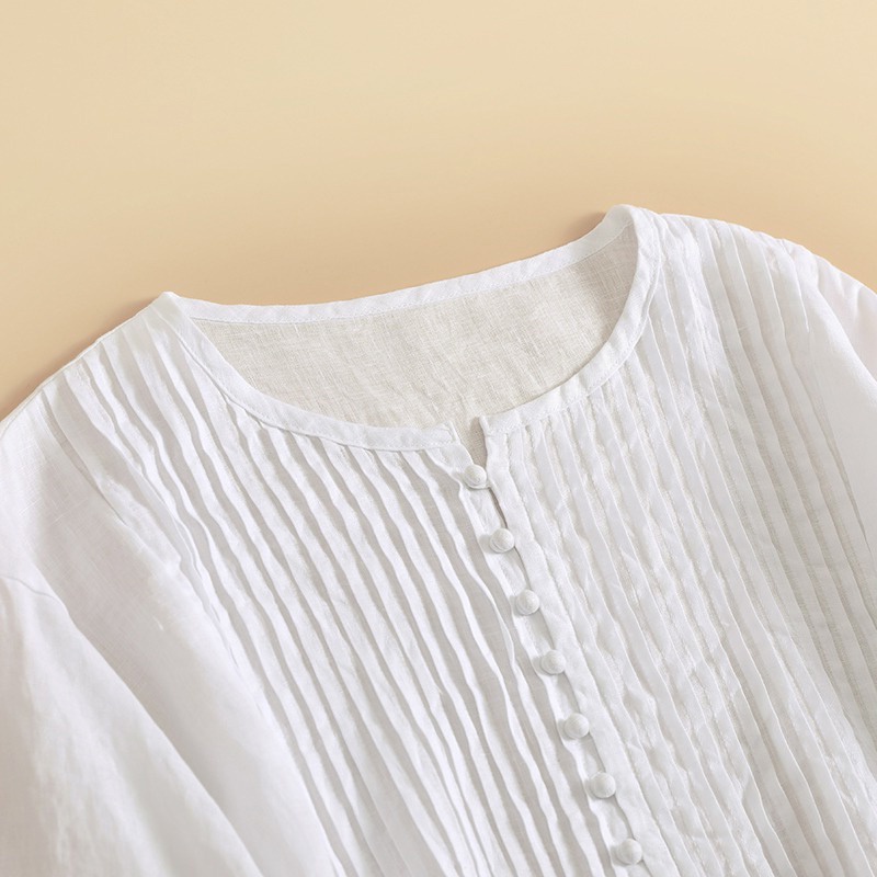 Áo kiểu bằng cotton lanh mát tay dài thời trang nữ phong cách Nhật Hàn