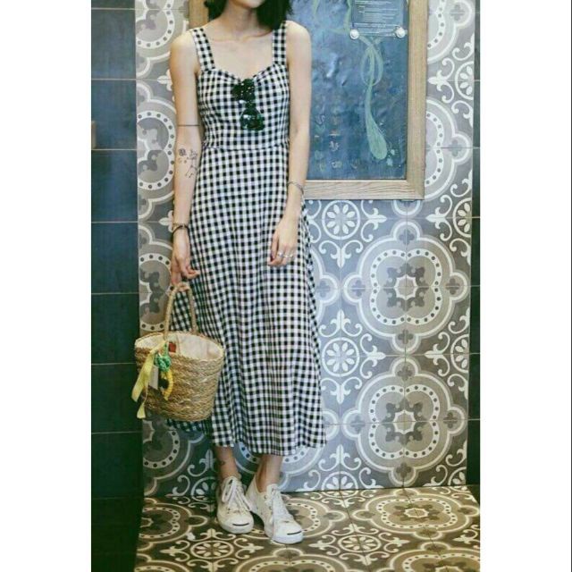 Maxi freesize caro 2 dây nhún thun